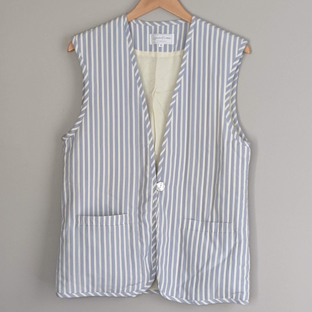 Striped silk vest with mother of pearl button white and blue